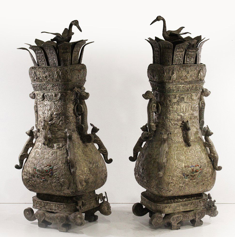 Two Mongolian Chinese Qing Dynasty Temple Urns 49 inch (1 of 17)