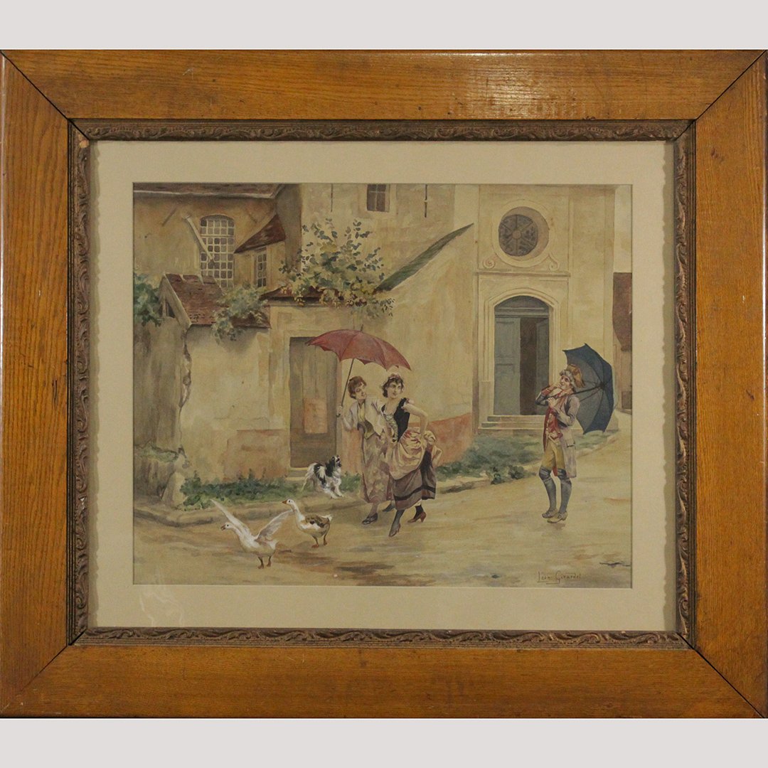 Leon Girardet WaterColor Painting of 19c scene & Harlot: Leon Girardet WaterColor Painting of 19c scene & Harlot Size: 16 x 20 , outside of frame: 27 x 31