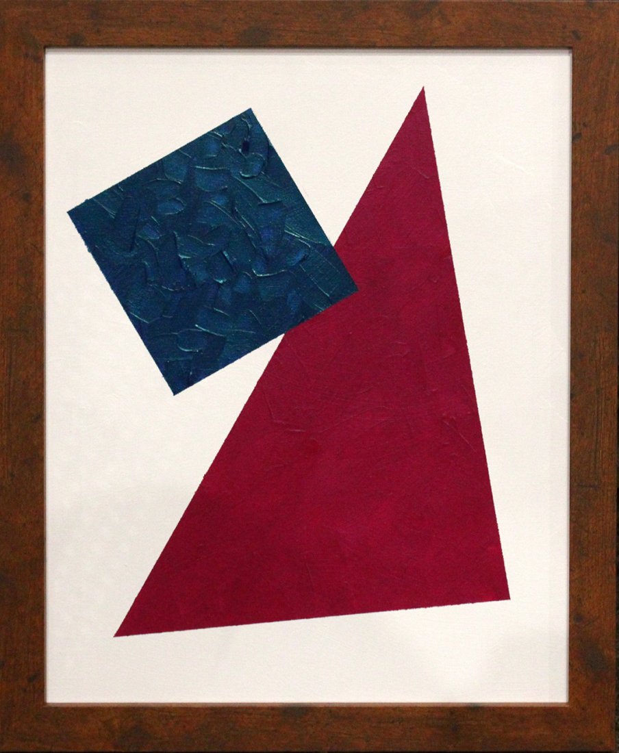 D-3 Geometric Modern Abstract Iridescent Painting: D3 Geometric Modernism Abstract Painting with thick paint strokes. Minimalist in red white and blue. Dated and signed on the back astronomically . American Artist - New York. Size: 16 x 20 , 14 x 22 o