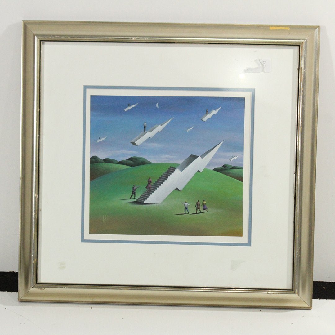 ABE Surrealism w/ Lightning Bolt Flying Stairs: ABE surrealism Print w/ lightning bolt flying Stairs , matted and framed. Size: 21 x 22 outside of frame