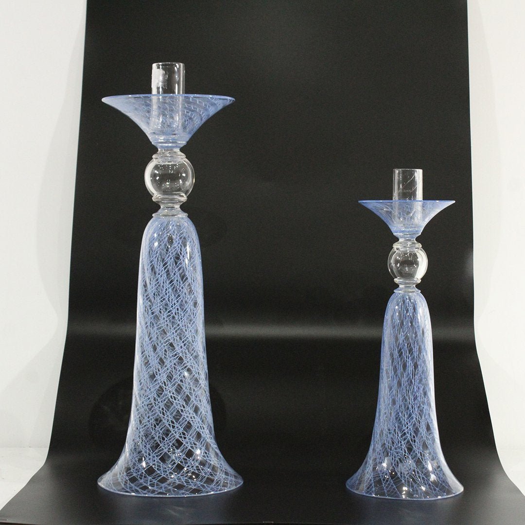Pair of Archimede Seguso Murano Italy Candle Sticks: Pair of Archimede Seguso Murano Italy glass Candle Sticks in clear and blue Size: 18h x 5w, 24h x 7w inches