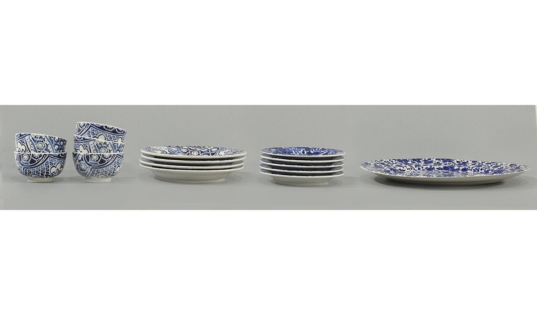 Fourteen Assorted Ralph Lauren Plates, Bowls, Platter: Fourteen [14] Assorted Ralph Lauren, Made in Italy, Blue and White Porcelain Plates, Bowls and a Platter. Sizes: 4 bowls 5.5 in. diameter; 5 plates 8.5 in. diameter; 4 plates 10.5 in. diameter; and pl