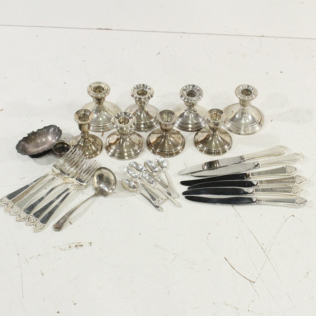 Lot of Estate Sterling Silver and Silver Plate: Lot of Estate Sterling Silver / silver plate , silver plated silverware by waldorf astoria , and weighted Sterling silver candlesticks,