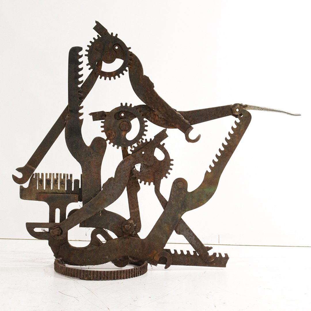 Brutalist Iron Sculpture of Industrial Gears: Brutalist Iron Sculpture of Industrial Gears. Size: 27 in. height, 31 in. wide