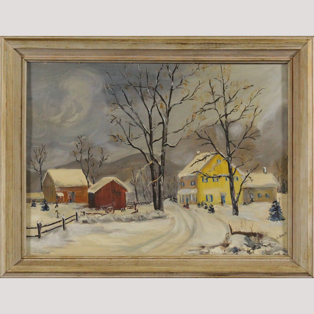 S. Hoch, Vintage Oil/b Bucks County Pa Winter Landscape: S. Hoch, Vintage Oil on board painting, Bucks County Pa Winter Landscape with Homes. Signed, framed. Size: image 18 in. x 24 in.; outer frame 22 in. x 28 in.