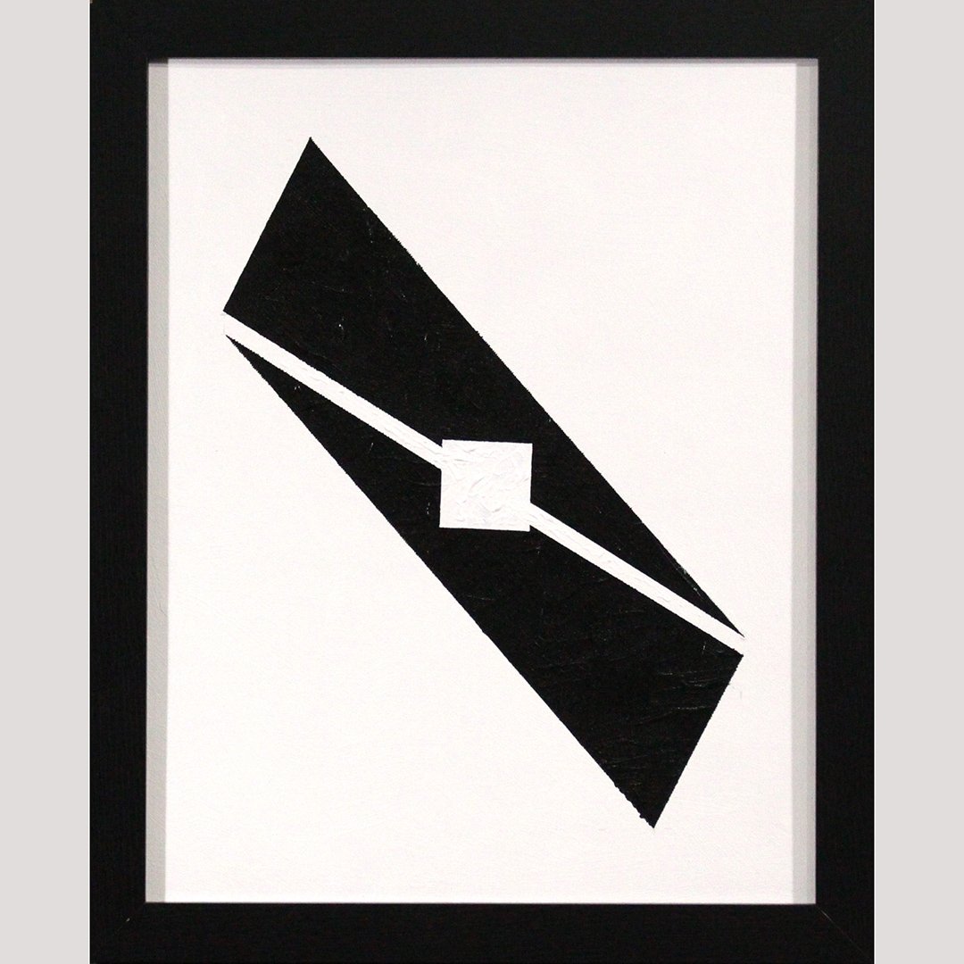 D-3, Modernism Design, 2 Triangles - Small Square Oil/b: D-3, Modernism Design, 2 Black Triangles - Small White Square Oil on board painting. Sign on verso and dated astronomically. American - New York Artist. Size: image 20 in. x 16 in.; outer frame 22 in.