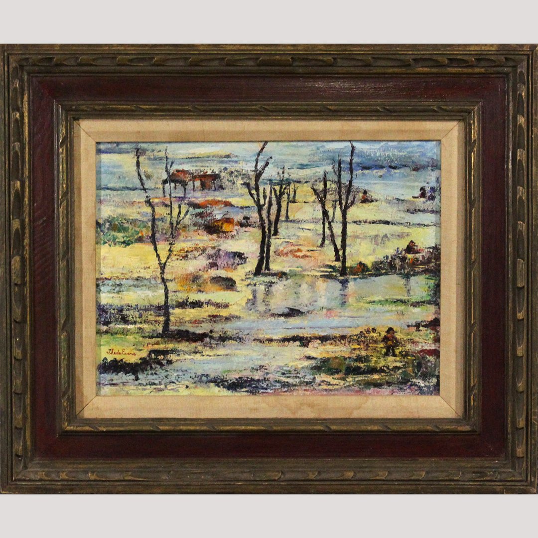 Theda Evans, Mid-Century Artist, Marsh Landscape Oil/c: Theda Evans, Mid-Century Artist, Marsh Landscape Oil on Canvas painting, signed, framed. Size: Image 12 in. x 16 in.; outer frame 20 in. x 24 in.