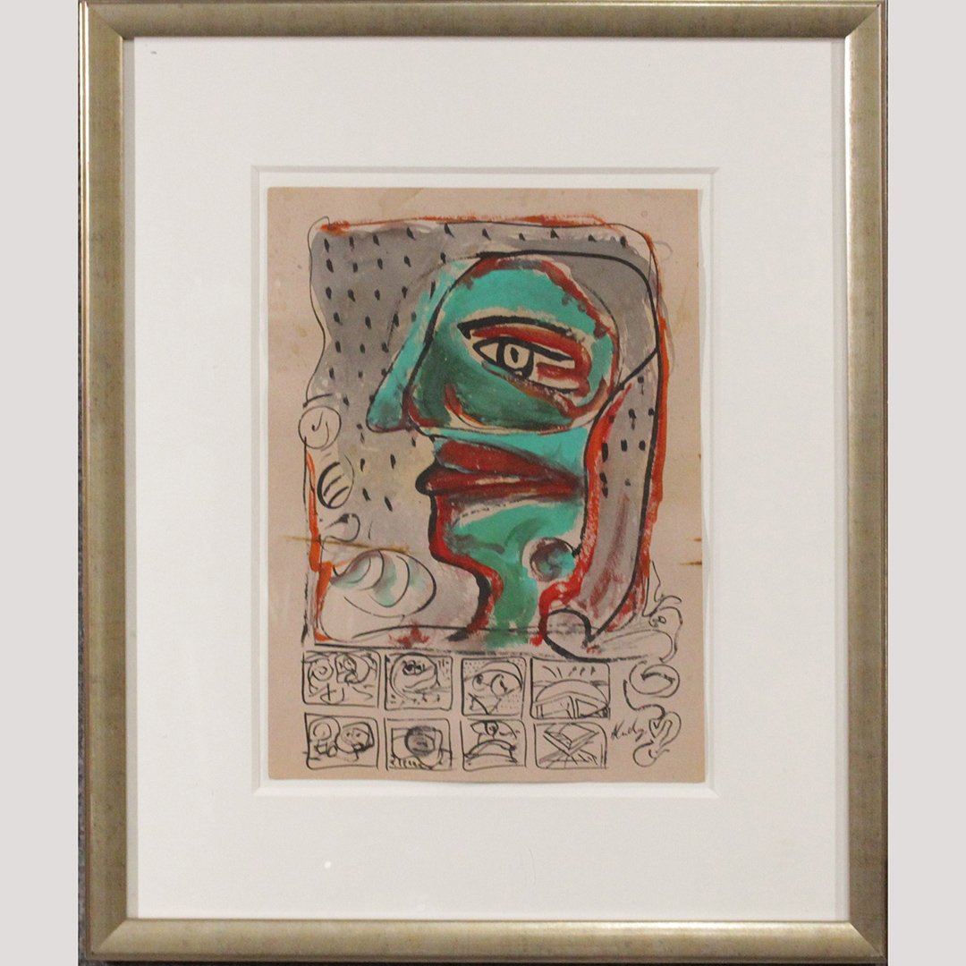 Pierre Alechinsky Style Of, Abstract Composition Figure: Pierre Alechinsky Style Of. watercolor and ink on paper, Belgium artist b. 1927; Composition with a figure, signed lower right, signed also in the back by the artist with a small drawing. Size: image 