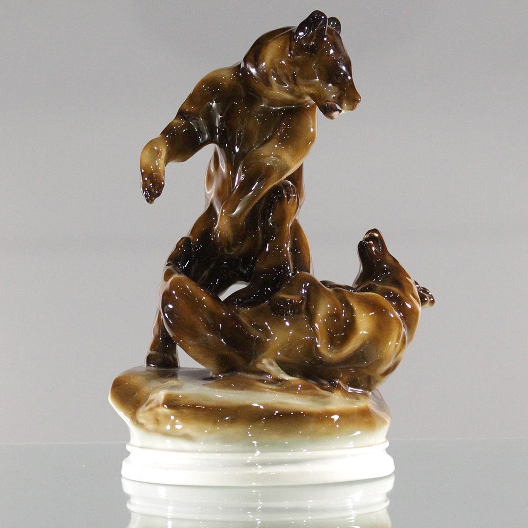 Large Vintage Hungarian Zsolnay Porcelain Bear: Large Vintage Hungarian Zsolnay Porcelain Sculpture bears fighting / playing Marked on bottom, Size: 12 h , 9 w
