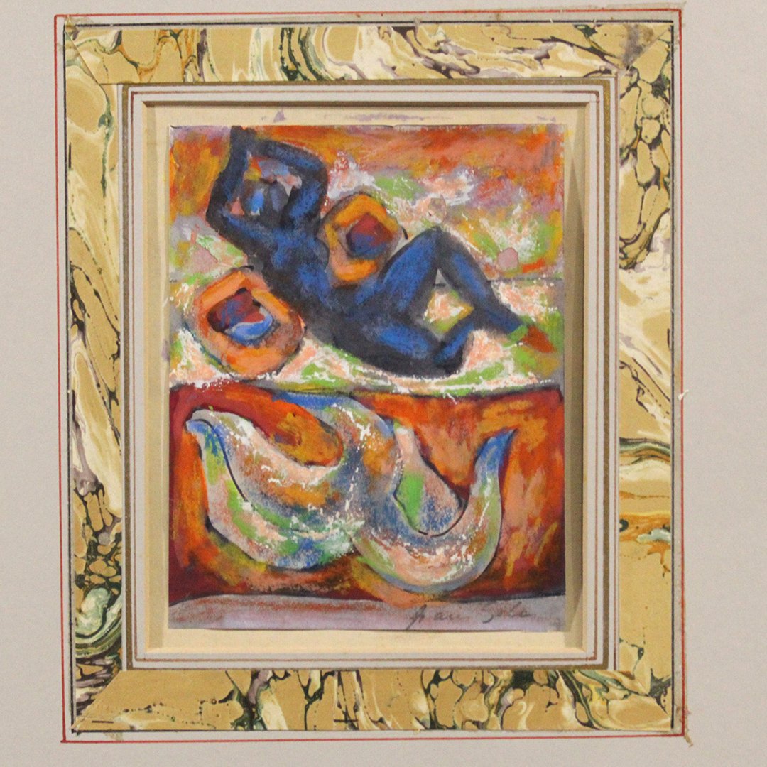 Small Reclining nude and abstract shape Mid-century: Small Reclining nude and abstract shape Mid-century Modern painting on paper. Signed Illegible Size: 5.75 x 4.75, outside of mat 14 x 12