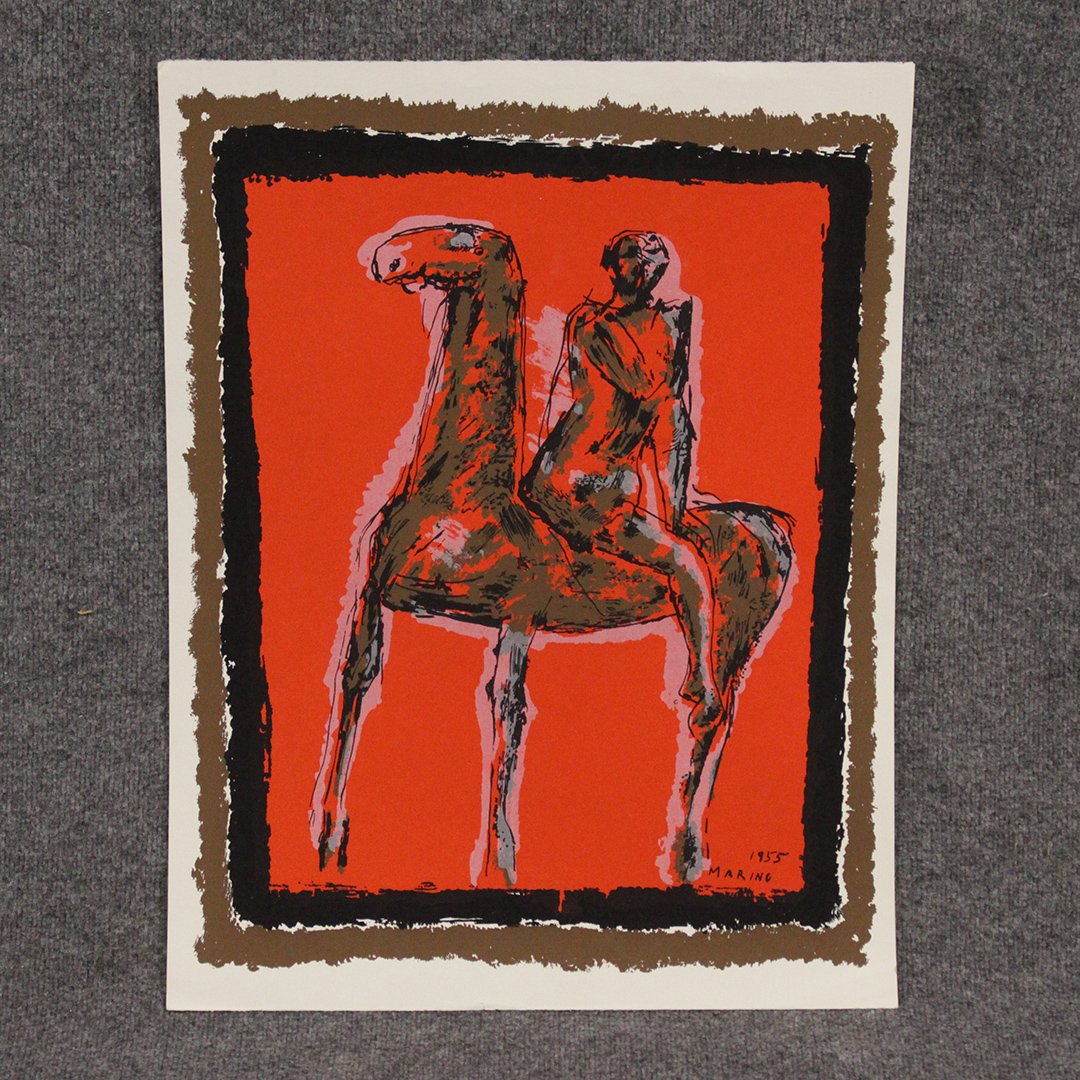 Marino Marini (1901 - 1980) Original 1955 Lithograph: Marino Marini (1901 - 1980) Original 1955 Lithograph; signed and dated in plate. Figure on Horseback, red background. ; 26 x 20 inches