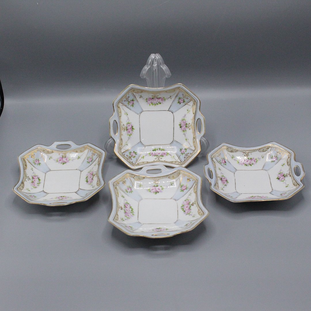 Four [4] Nippon Hand Painted Roses Handled Plates: Four [4] Nippon Hand Painted Roses Handled Plates. Size: 6.25 in. x 7 in.