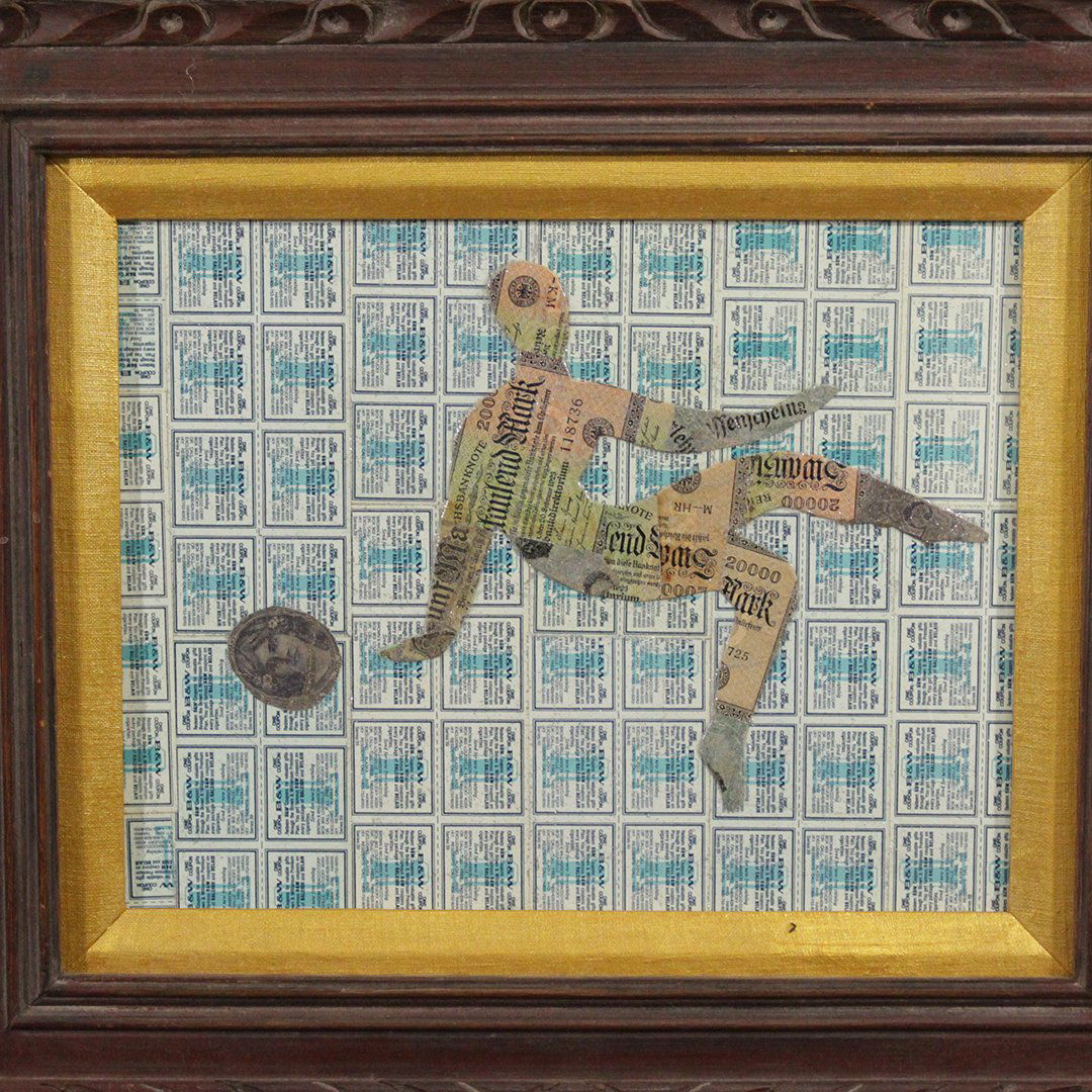 Wayne Cunningham, American 20th C, Modernism Collage: Wayne Cunningham, American 20th C. Listed Artist, Modernism Collage made of Tobacco Labels. Signed . Has painting of bride on verso by a different artist. Framed. Size: image 11 in. x 14 in.; outer fr