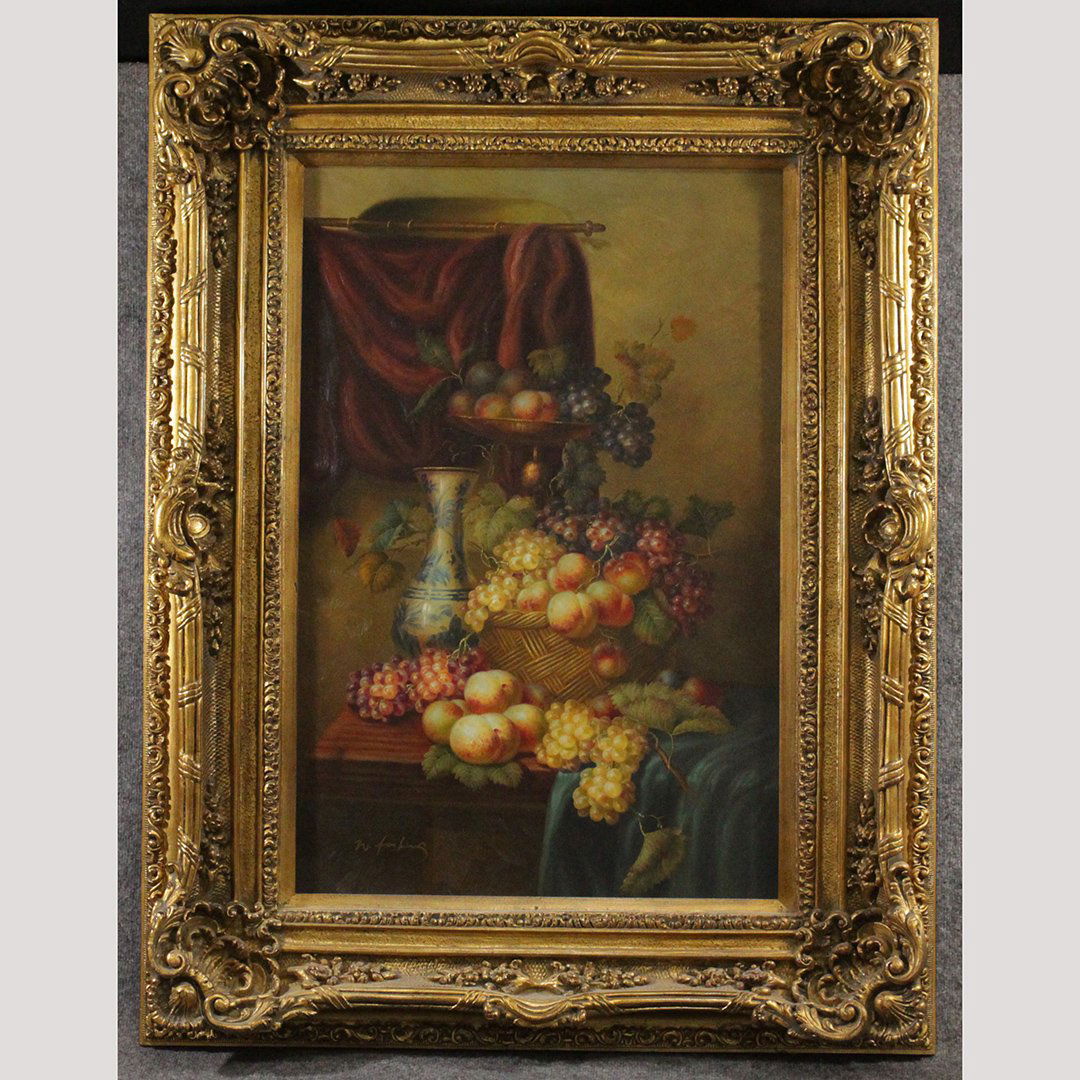 W Forking, 20th C. Large Flemish Still Life Oil/c: W Forking, 20th C. Large Flemish Still Life with Grapes and Fruits, Oil on canvas painting, mounted in a fancy gold wide frame. Certificate on back stating and original hand done oil painting. Size: i