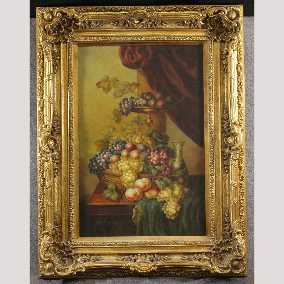 W Forking, 20th C. Large Flemish Still Life with Fruits: W Forking, 20th C. Large Flemish Still Life with Grapes and Fruits, Oil on canvas painting, mounted in a fancy gold wide frame. Certificate on back stating and original hand done oil painting. Size: i