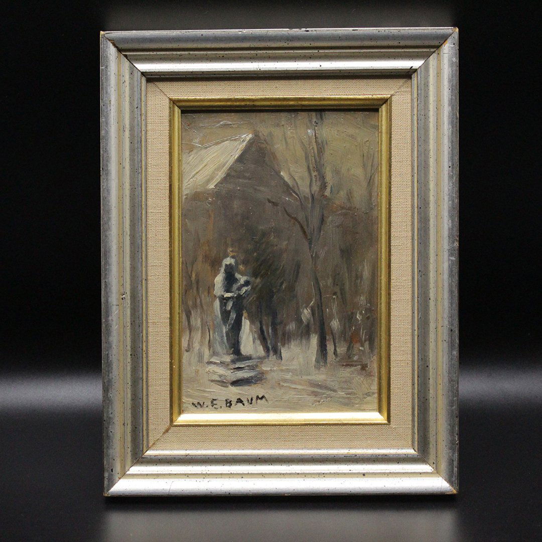 Walter Emerson Baum Winter Oil Painting on Board: Walter Emerson Baum Winter Oil Painting on Board signed W E Baum. Size: 6 x 4 , outside of frame: 8.25 x 6.25