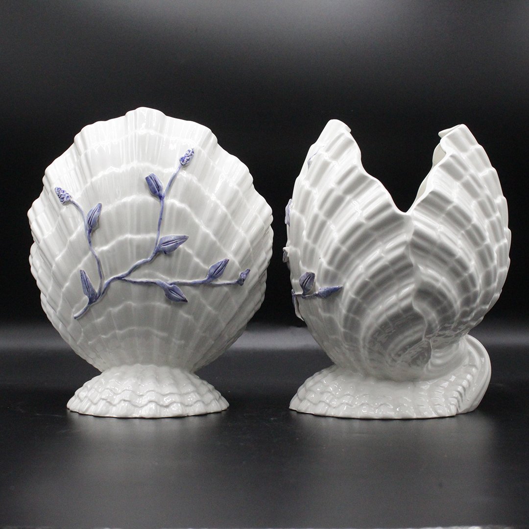 Pair of Italian White Porcelain Clam / Sea Shells: Pair of Italian White Porcelain Clam / Sea Shells Size: 8 h 6.5 w