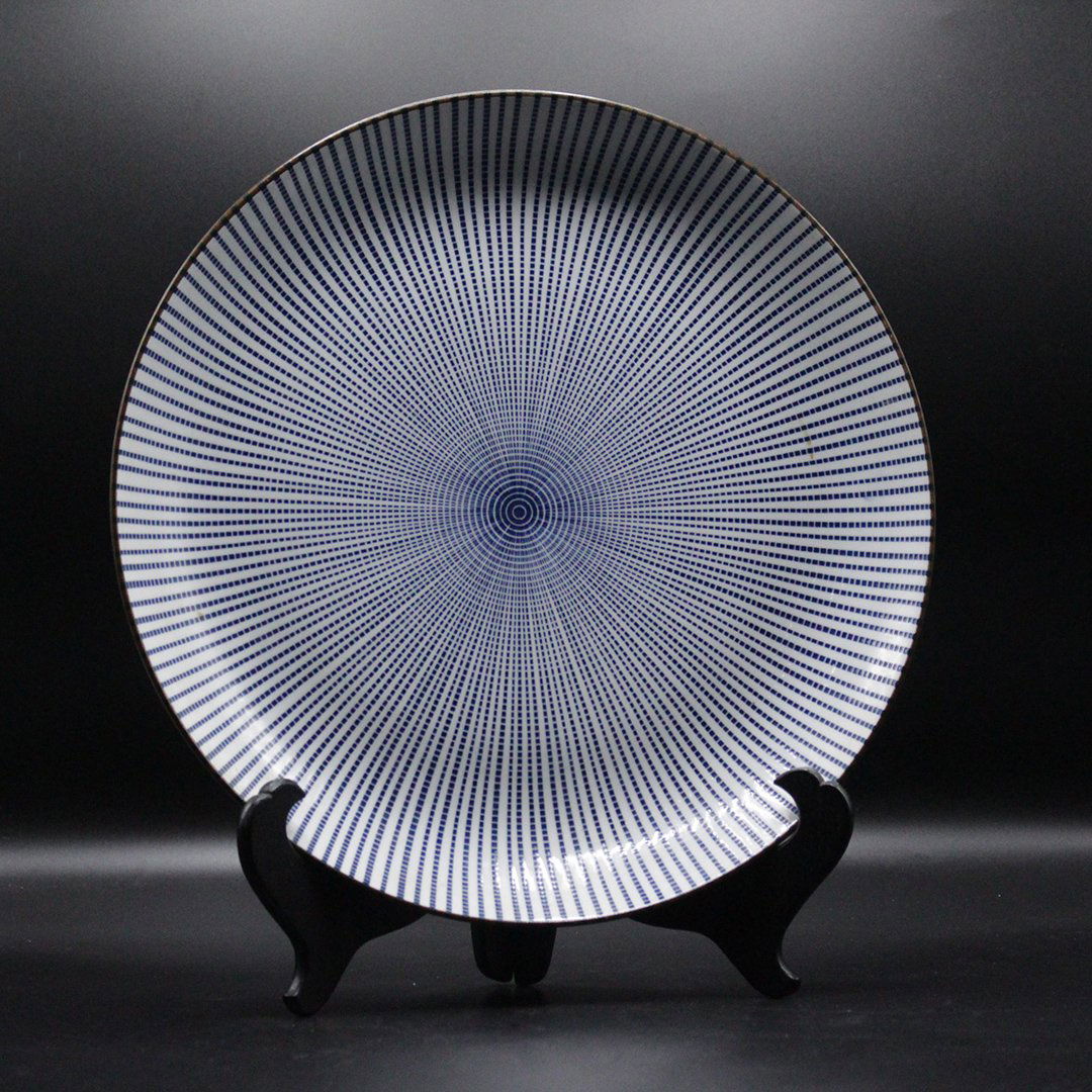 Vintage Possibly Antique Chinese Plate: Vintage Possibly Antique Chinese Plate with double border blue mark on bottom. Plate has a modern sun burst graduated square pattern. Size: 12 w