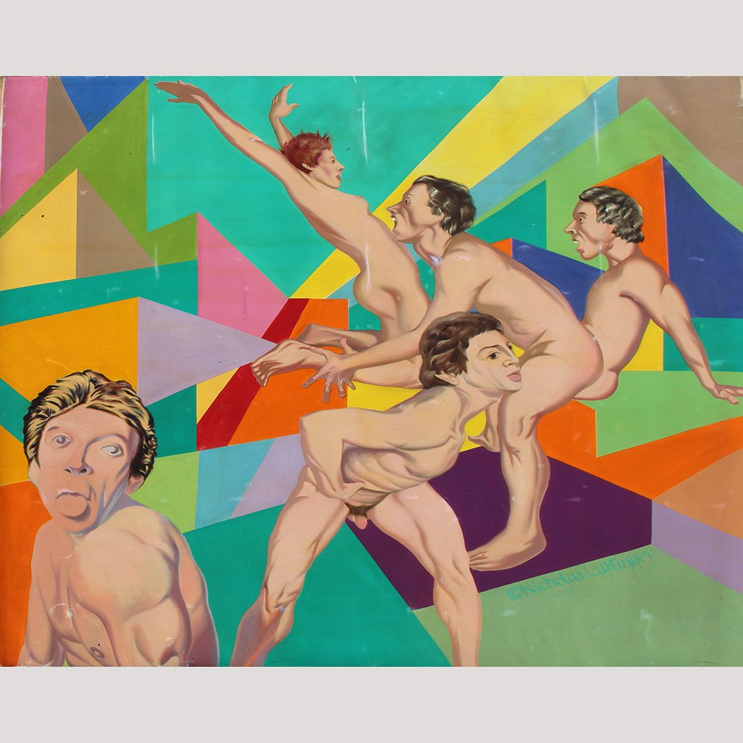 Nicholas Luttinger, Large Oil Gay Art Five For Geometry: Nicholas Luttinger, Large Oil Gay Art, Five For Geometry. Oil on canvas painting, Artist signed and titled. Size: 72 x 72 inches inside frame, 82x90 inches outside frame