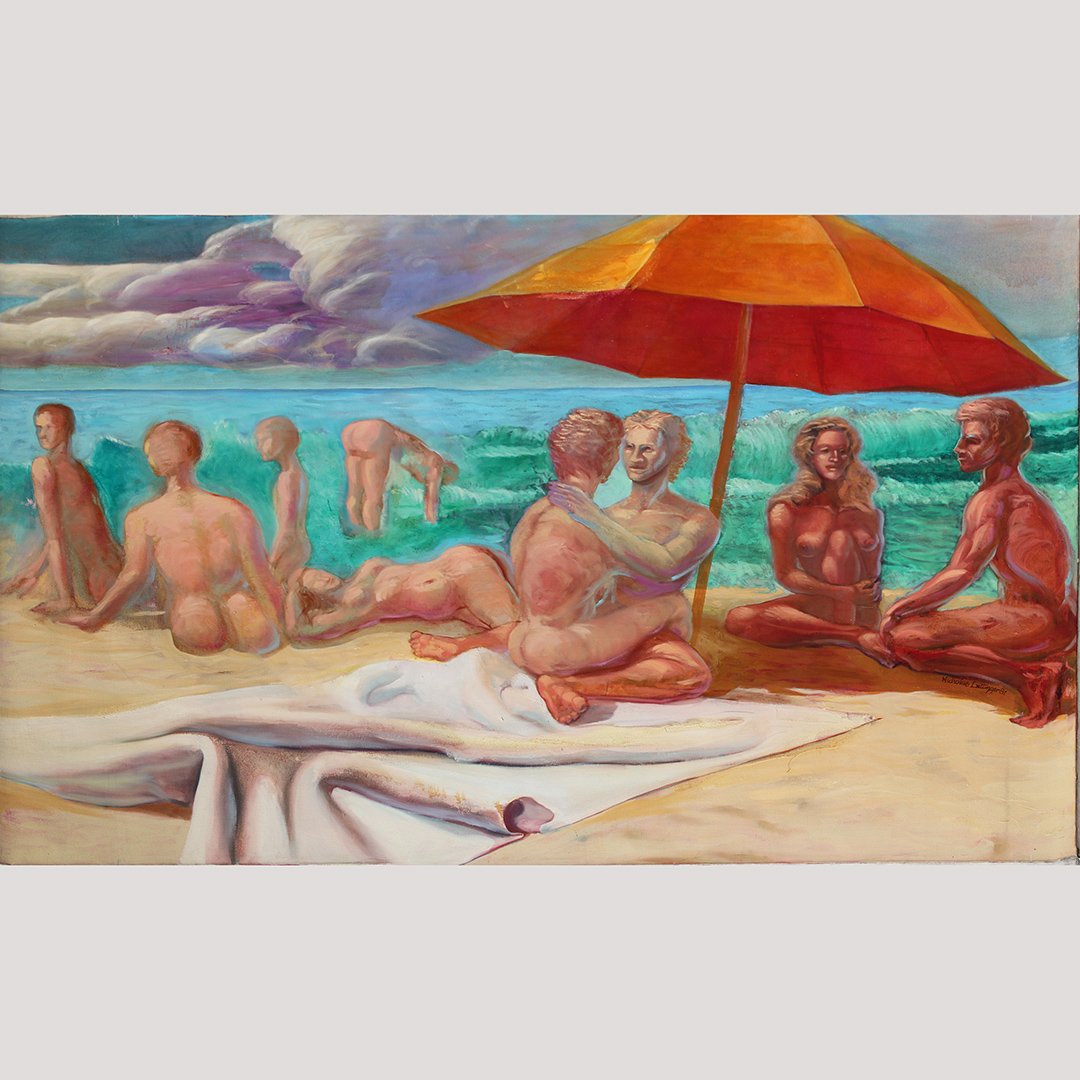 Nicholas Luttinger, Large Oil/c Gay Art, Nude Beach: Nicholas Luttinger, Large Oil/c Gay Art, Nude Beach. Oil on canvas painting. Artist signed, titled: Beach. Size: 62x84 inches inside frame, 75x95 inches outside frame