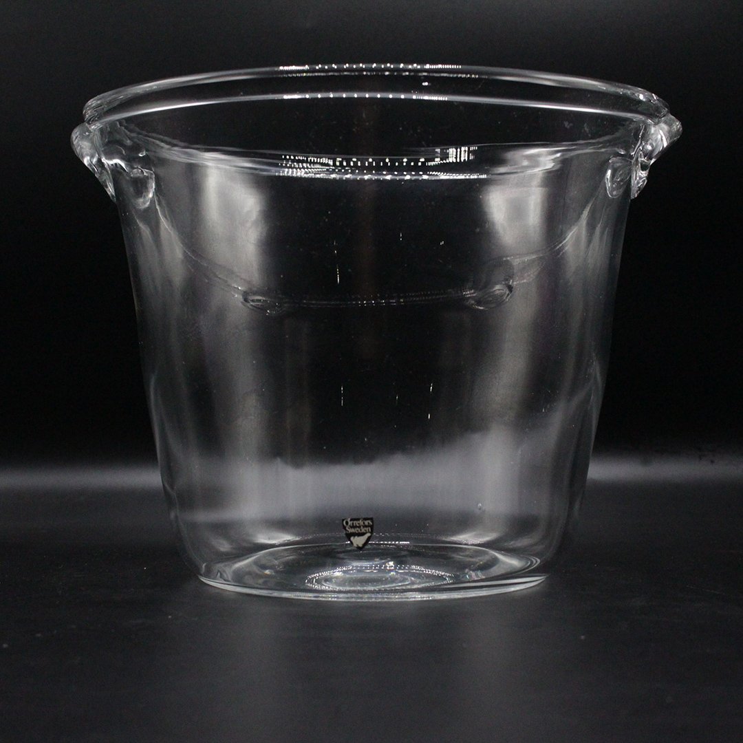 Orrefors Sweden Crystal Glass Ice Bucket: Orrefors Sweden Crystal Glass Ice Bucket, Mid-Century Modern. Size: 8 x 10 1/4 inches