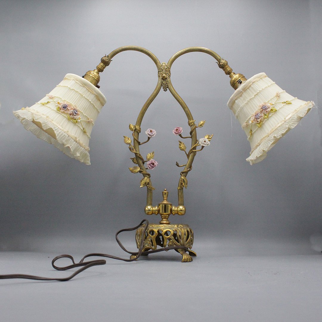 French Brass with Porcelain Flowers 2-Light Piano Lamp (1 of 9)