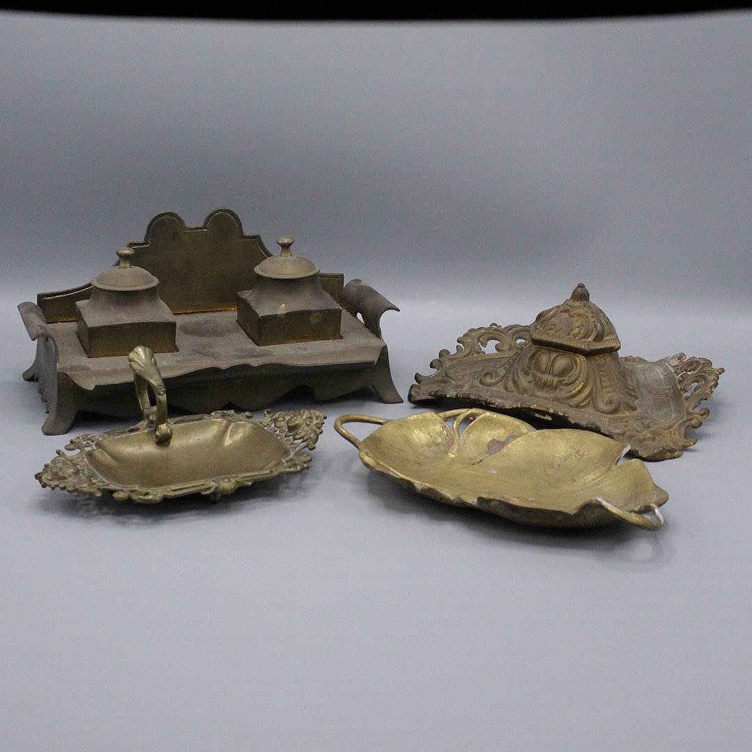 Four [4] Assorted Brass Inkwells, Dish, Butler (1 of 10)