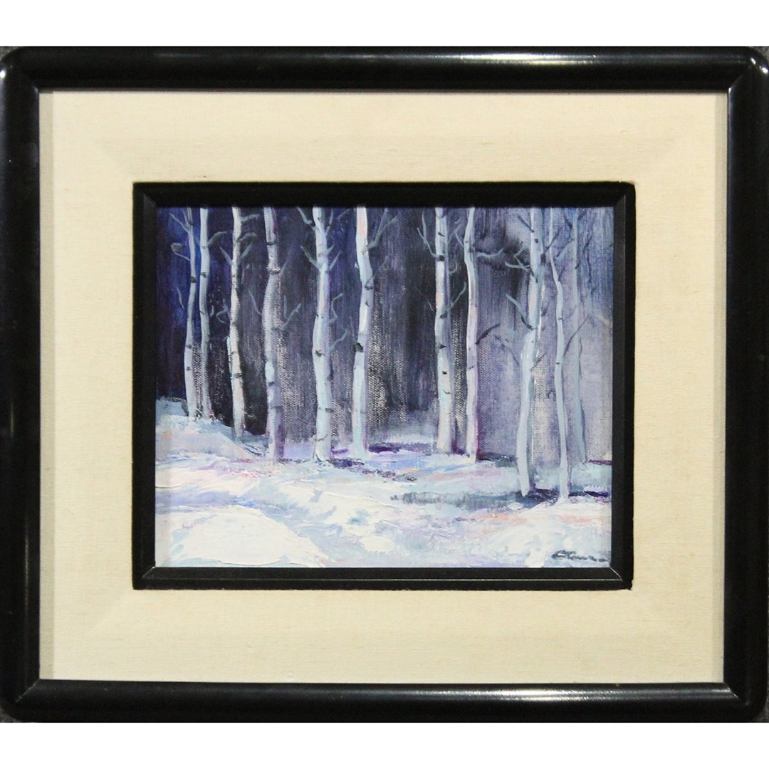 Birch Trees in Winter Landscape Oil/c Signed Illegible (1 of 4)