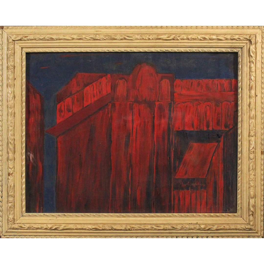 Mid-Century Modern Red Building Oil on Board Painting (1 of 6)