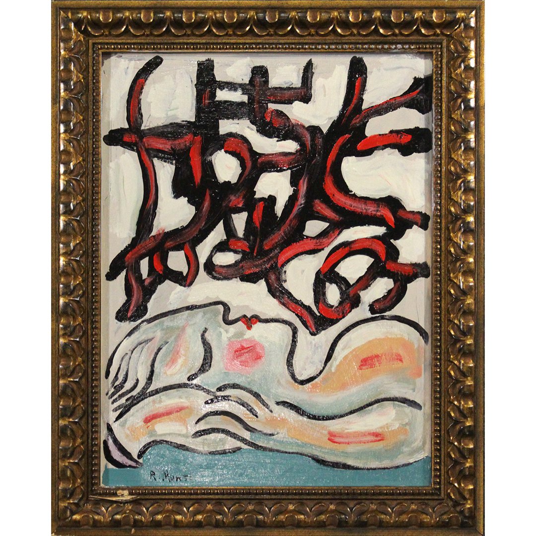 R Monti , Mid-Century Modern Reclining Girl in Abstract: R Monti , Mid-Century Modern Reclining Girl in Abstract. Signed, framed oil on board. Popular Philadelphia area artist. Size: 23 1/2 x 17 1/2 inches image, 28 3/4 x 22 3/4 inches outside frame