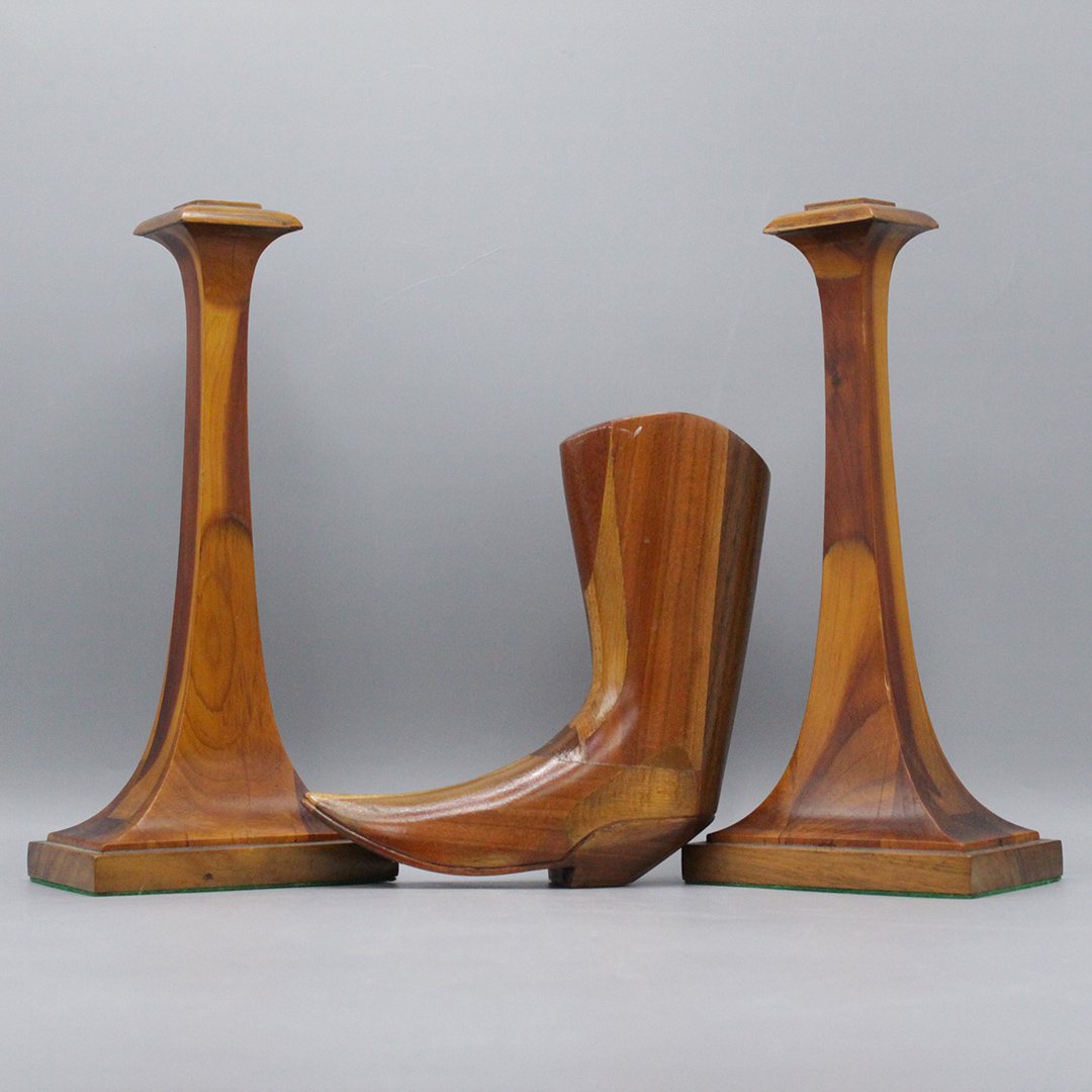 Mid-Century Modern Teak Candle Sticks and Boot: Mid-Century Modern Teak Candle Sticks and Boot Size: 7 1/4 - 10 1/4 inches x 5 - 6 1/4 inches
