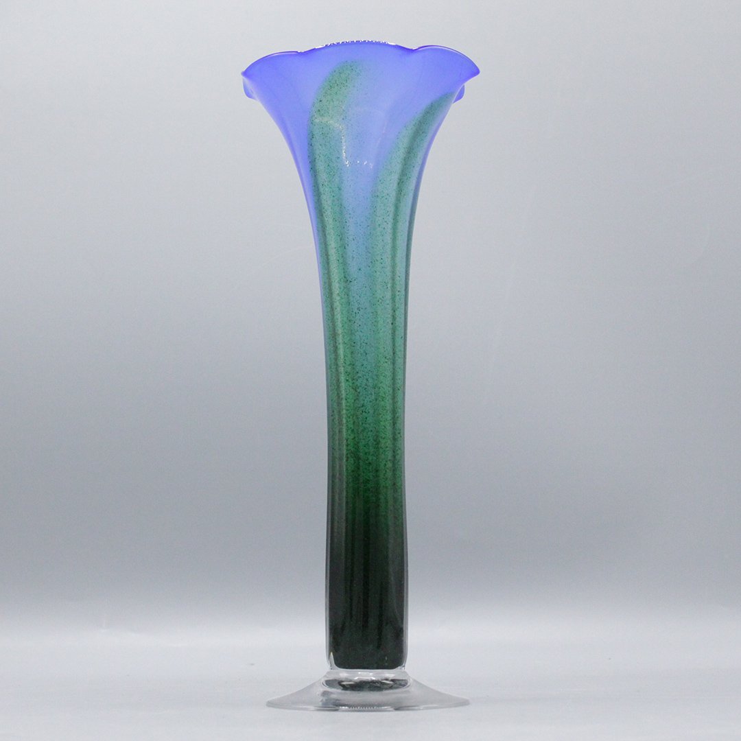 R Foster '03 Studio Art Glass Tall Vase: R Foster '03 Studio Art Glass Tall Vase fading / gradient colors of blue / indigo purple , green to dark green. Size: 11.5 x 4.5 inches