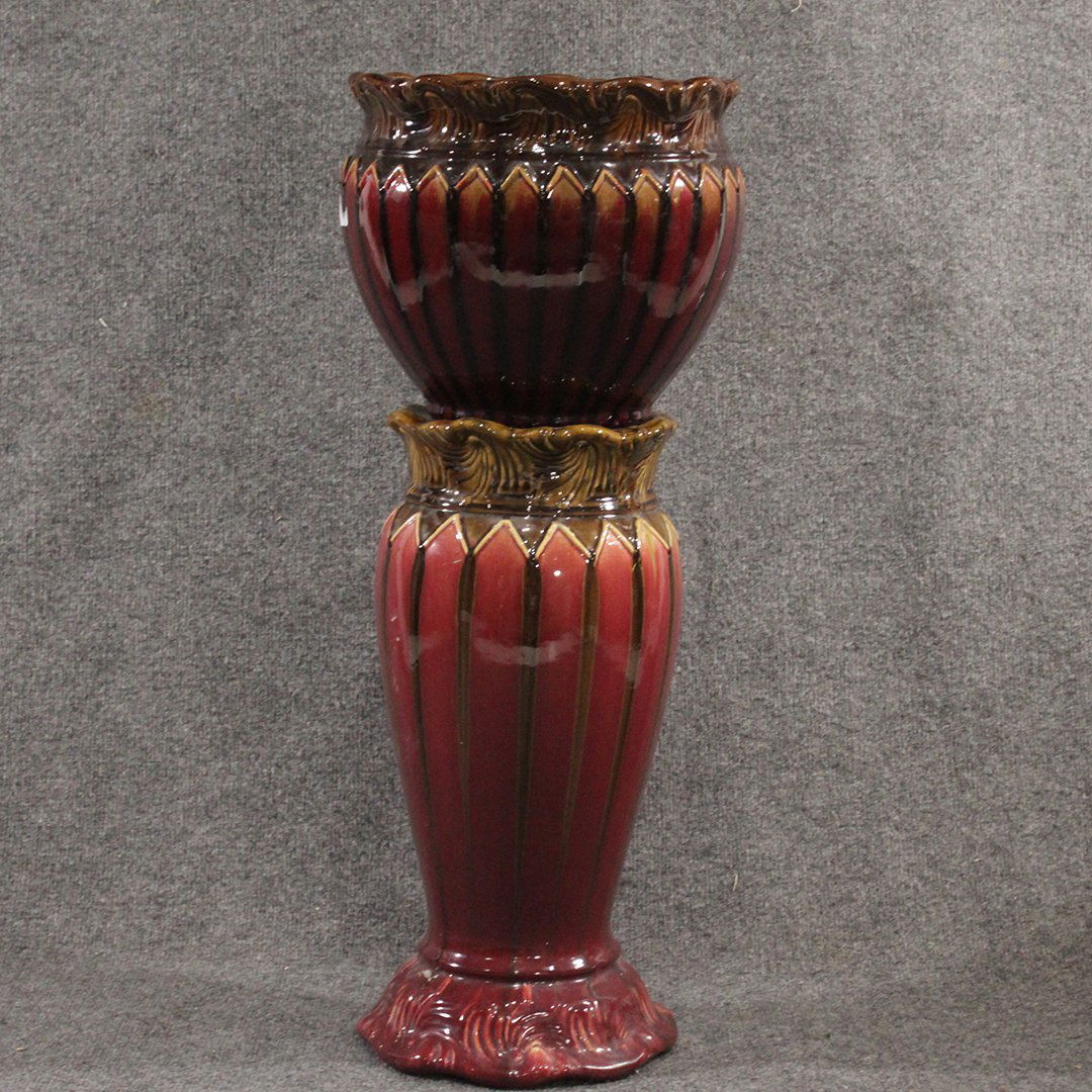 2 piece Majolica Roseville Style Glazed Pedestal Pot (1 of 9)