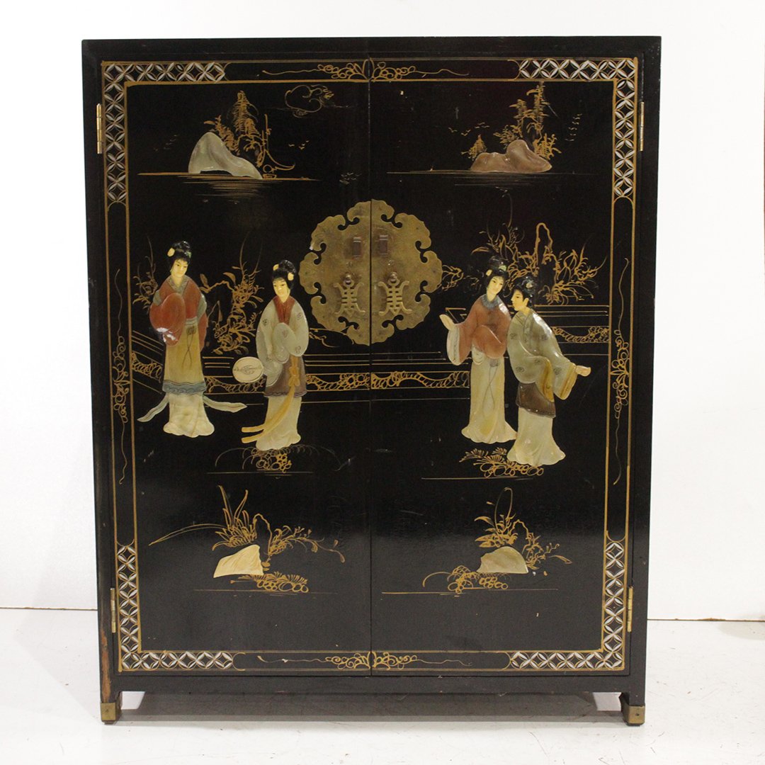 Chinese Cabinet credenza w/ Hardstone figurines: Chinese Cabinet credenza w/ Hardstone figurines and decorated sides Size: 30 x 24 x 12 inches