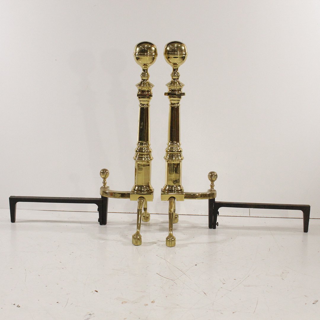 Hollywood Regency Brass Andirons: Hollywood Regency Brass Andirons Size: 27 x 21.5 inches