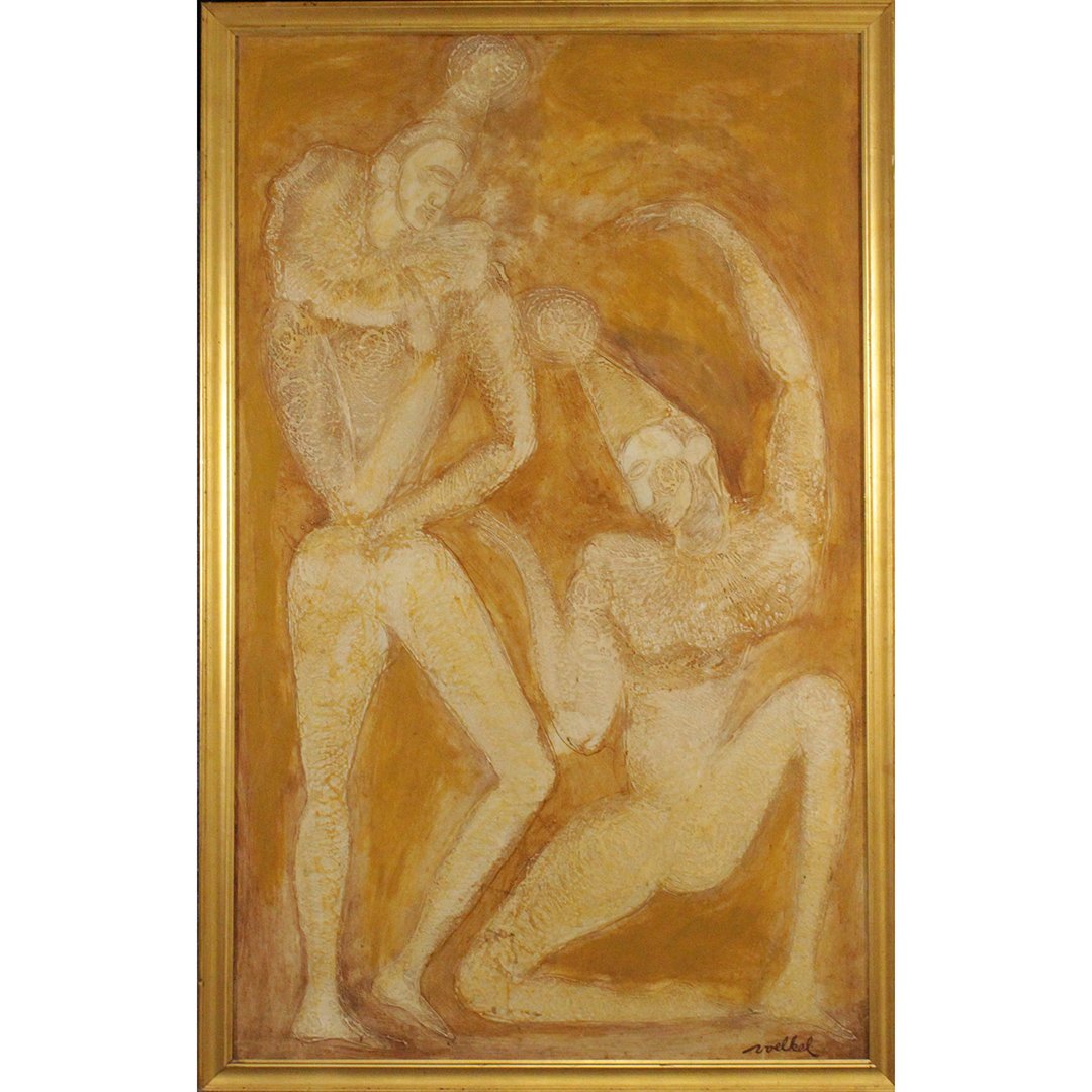 Voelkel Mid-Century Modern Abstract Jesters: Voelkel Mid-Century Modern Abstract Jesters; Oil Painting on board. Mostly in yellow amber and orange. Size: 52 x 32 inches image, 55 x 35 inches outside frame