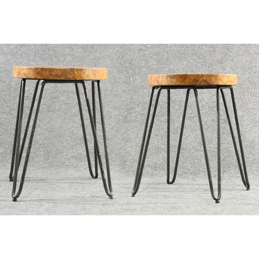 Pair of Mid-century Modern Hairpin Leg Burl Wood Stools (1 of 9)