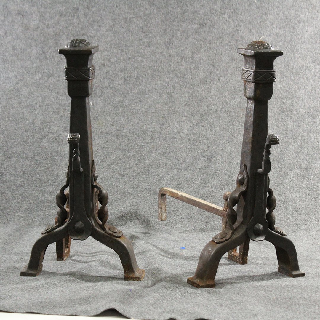 Large Gothic Victorian Wrought Iron Andirons: Large Gothic Victorian Wrought Iron Andirons Size: 26 h , 13 x 29 w