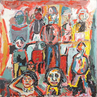 R. Monti, Mid-Century Working Family Abstract Painting: R. Monti, Mid-Century Working Family Abstract Painting. Oil on canvas painting. Signed : R. Monti. Oil on canvas painting. Popular Philadelphia area artist. Size: 35.5 x 35.5 inches