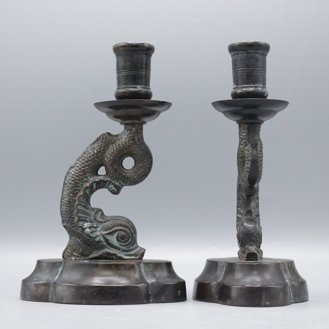 Pair Cast Bronze Dolphin Serpent Candlesticks (1 of 7)