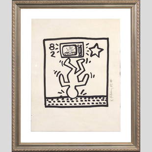 KEITH HARING Original Marker on Paper with COA: Keith Haring Original Marker on Paper. Signed and dated 1982. Has Haring stamp on verso. Accompanied by COA Angel Ortiz Gallery. Framed and under glass. Note: The original signed COA will be forwarded