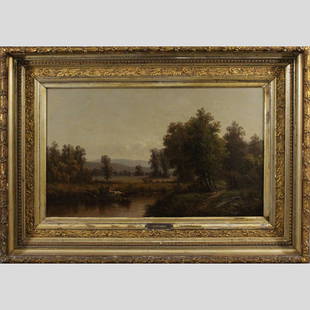 William M Hart, 19th C. Oil/c Hudson Valley Landscape: William M Hart, [American 1823-1894], 19th C. Oil on canvas painting, Hudson Valley Landscape with cows. Signed lower right, Original Frame. Size: Image 18 in. x 30 in. ; outer frame 29 1/8 in. x 41 1