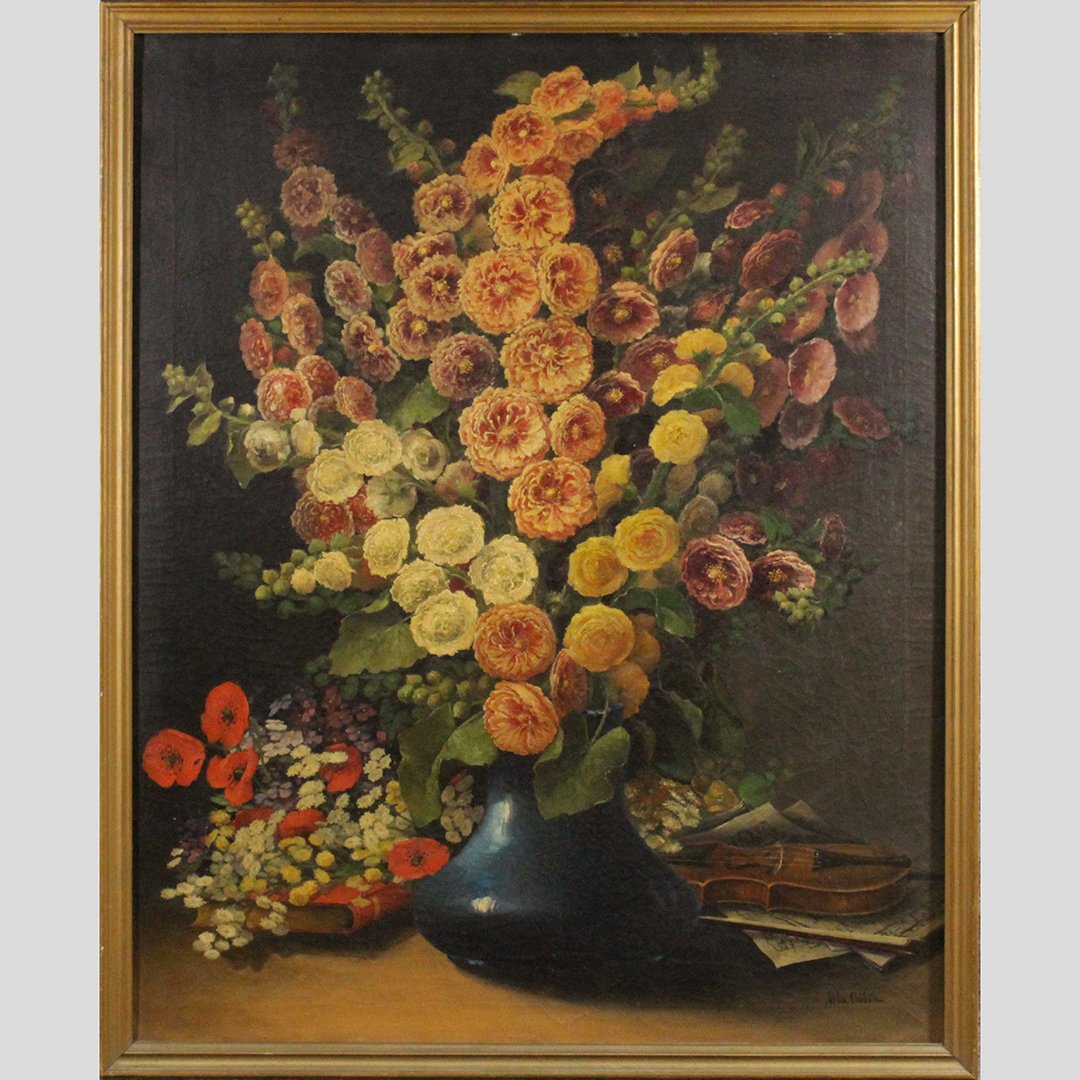 Nils Ahlben 1862-1932 NY / Sweden, Flowers Violin Oil/c: Nils Ahlben, 1862-1932 New York / Sweden. Sill Life of Flowers and Violin, Oil on canvas painting. Original frame. Signed. Size: Image 40 in. x 32 in. ; outer frame 42 in. x 34 in. ASKart: Biography N