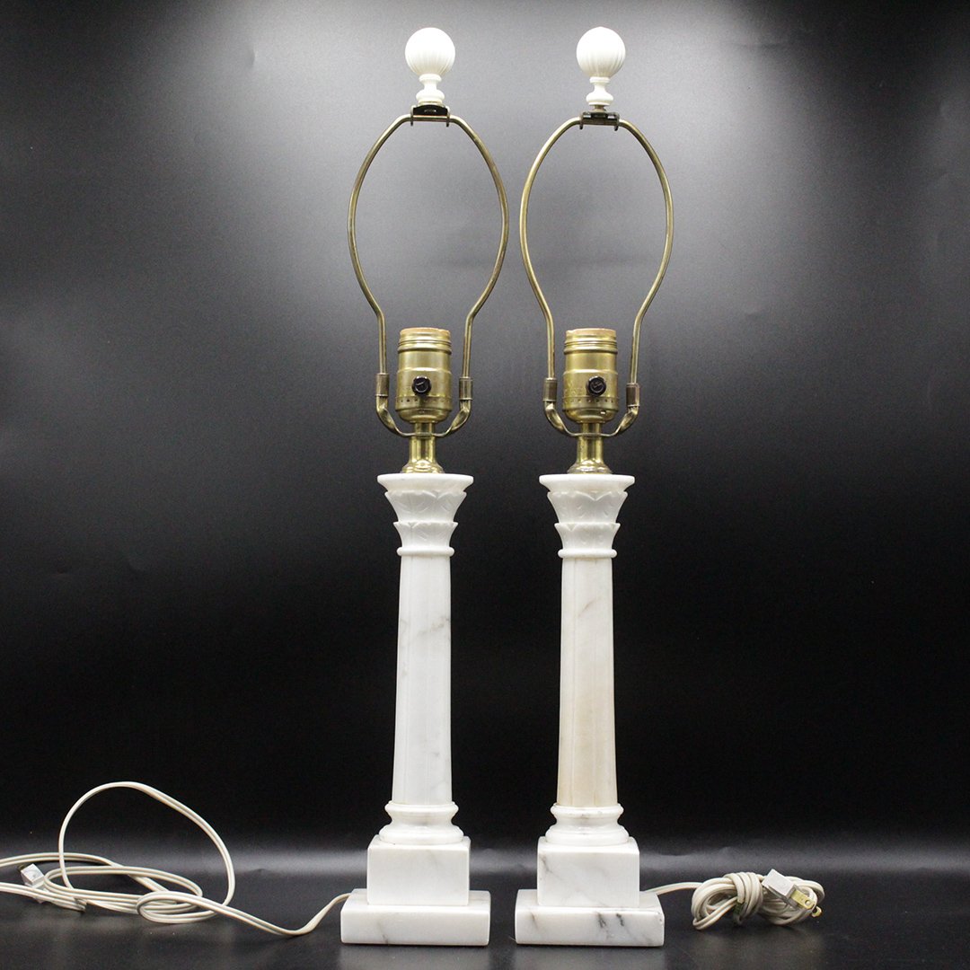 Two [2] White Marble Column Table Lamps (1 of 9)