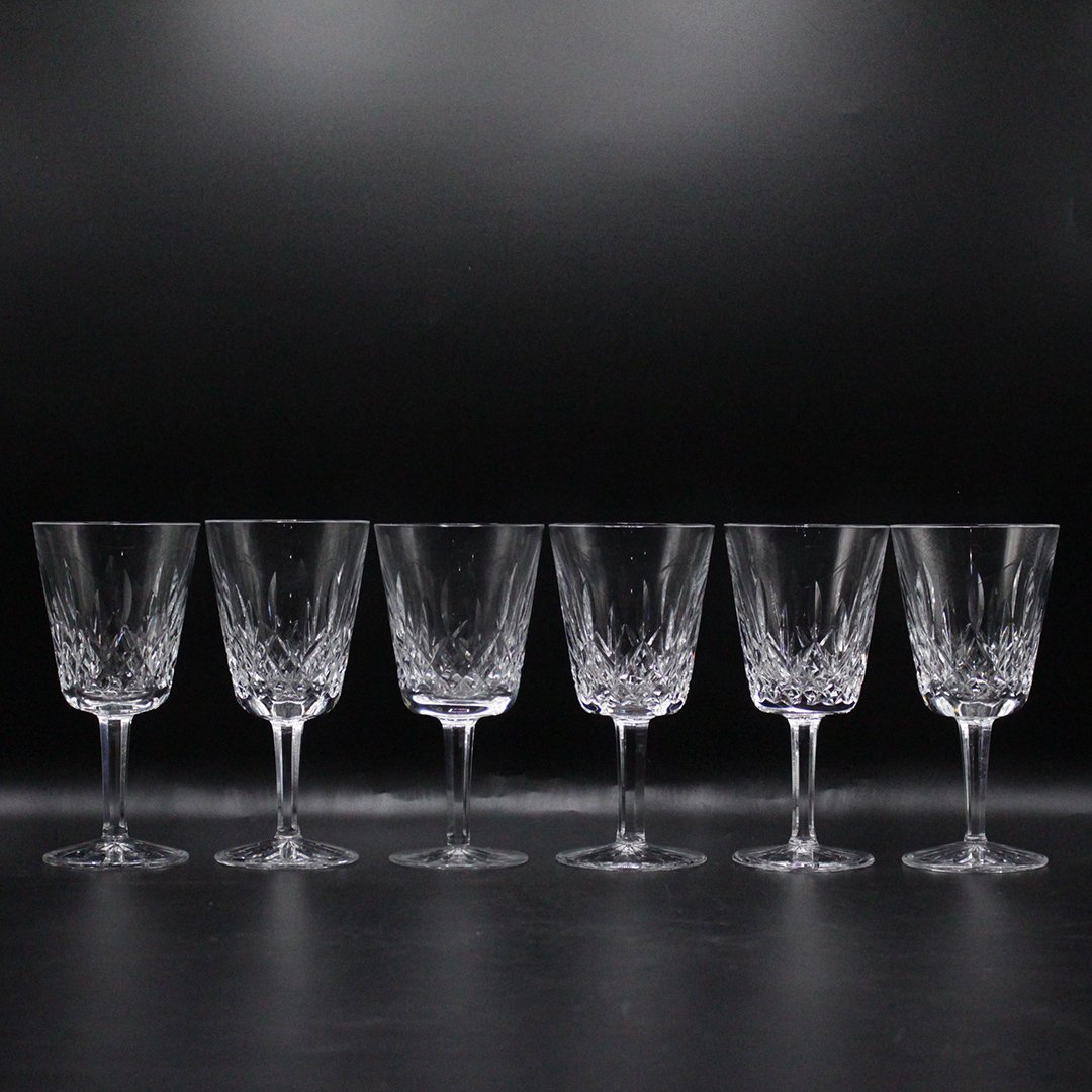 Six [6] Waterford Crystal Wine Glass Stemware, Signed.: Six [6] Waterford Crystal Wine Glass Stemware, Signed. Size: 8 1/2 x 11 1/2 inches basket, 5 1/2 x 2 3/4 inches glasses, 5 x 5 1/2 inches bucket gold leaves