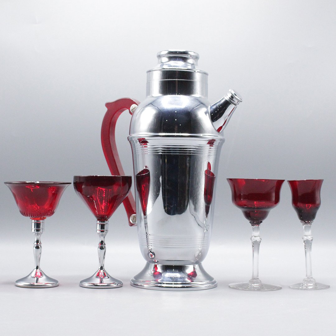 Art Deco Chrome and Ruby Shaker Pitcher with Stemware (1 of 13)