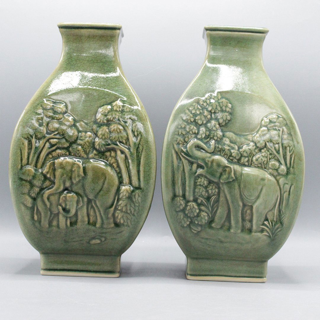 Two [2] Unique Green Celadon Vases Elephants in Jungle (1 of 7)