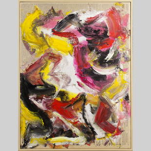 De Kooning Abstract Painting on Vintage Newspaper: De Kooning Signed Abstract Painting on Vintage Newspaper . Selling as Attributed . no provenance or COA papers. Very nice item. high quality, professionally framed. Size: 29.75 x 22.75 , outside of fr