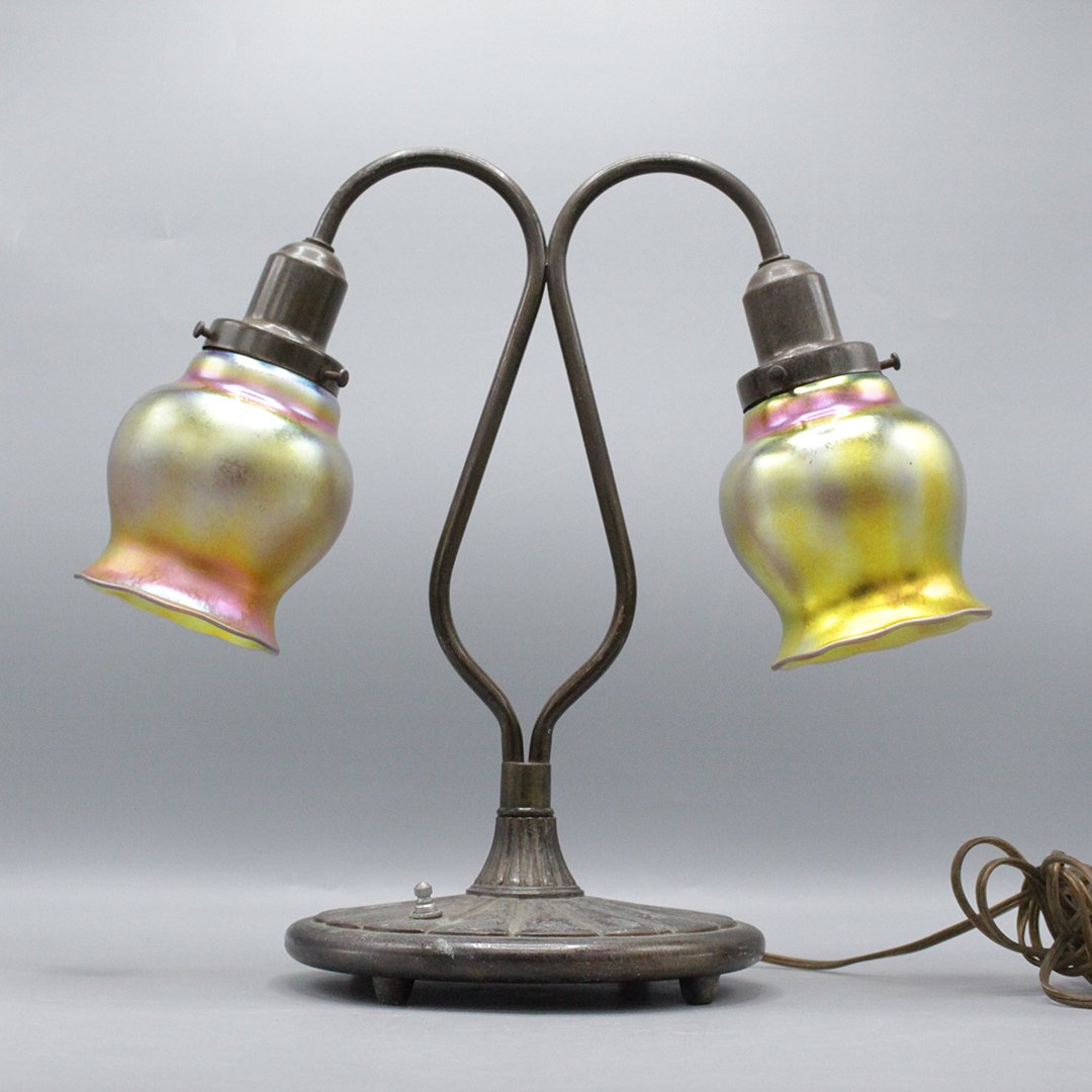 Piano Lamp, 2 Gold Art Glass Iridescent Shades, Metal (1 of 5)