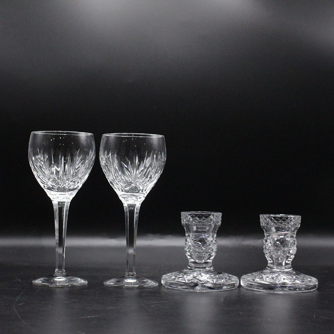 WATERFORD 2 Wine Glasses, 2 Candlesticks for Dinner: WATERFORD 2 Wine Glasses, 2 Candlesticks for Candle Light Dinner. Both are signed: Waterford. Size: 3.25 - 7 inches height range